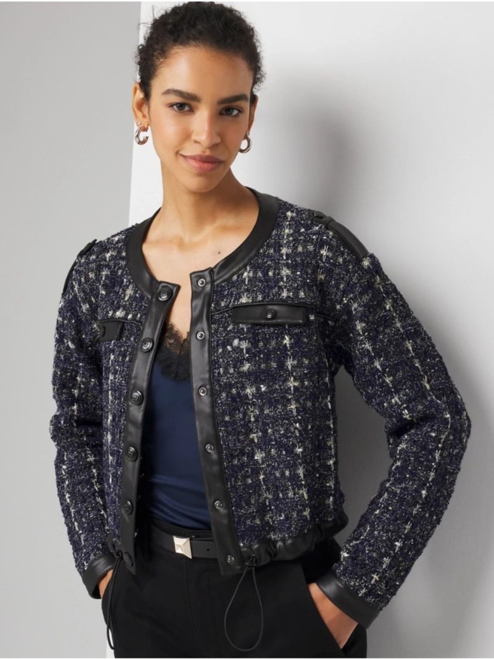 NWOT White House Black Market cropped tweed sweater jacket size L